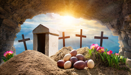 crucifixion and resurrection empty tomb of jesus with crosses in the background easter or...