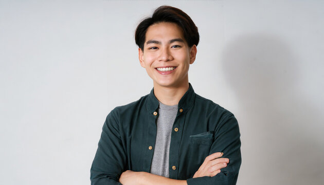 portrait smile and asian man with arms crossed casual fashion and confident guy against a white studio background face male person and japanese model with happiness aesthetic and stylish outfit