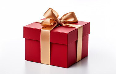 Obraz premium Red holiday gift box with golden ribbon isolated on white background. Valentine's day, wedding, anniversary, birthday present