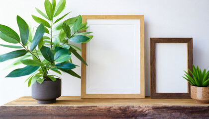 poster mockup with a green plant and wooden frames on white generative ai