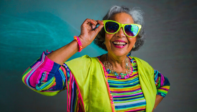 happy senior woman in colorful neon outfit funny sunglasses and extravagant style laughing and smiling trendy grandma posing in studio