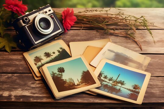  Photo album remembrance and nostalgia in summer journey trip on wood table.