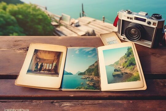  Photo album remembrance and nostalgia in summer journey trip on wood table.