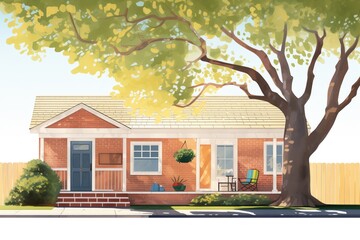 tree shadow on the elegant brickwork of a cape cod home, magazine style illustration
