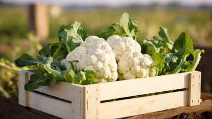organic cauliflower in wooden box