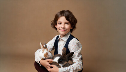 minimalist background for studio photo portrait of child with plushed rabbits