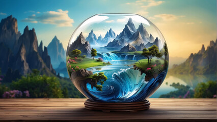 green planet and water save concept - green trees and water in glass ball with greenery around. Saving green environment and world environmental conservation concept - obrazy, fototapety, plakaty
