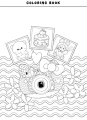 Cute Adult coloring page doodles, sketch coloring book for relaxing kids. Vector design. Photo camera, animals, candy, cake, flower, heart, kawaii, star, rainbow, love, bear
