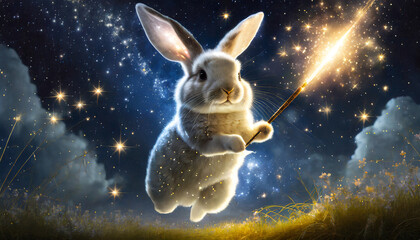 fantastical bunny rabbit floats through a starry night sky casting spells with its glowing wand as...