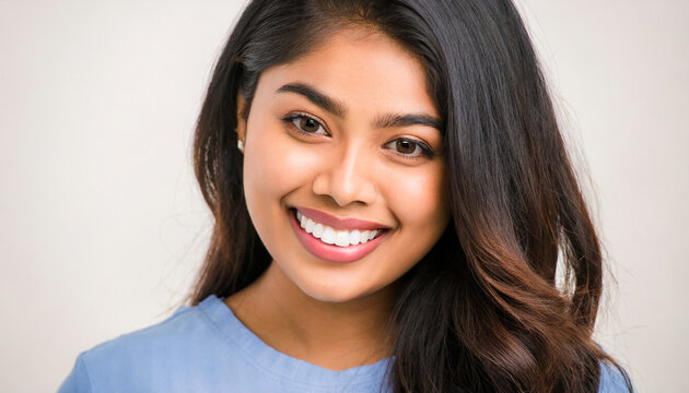 a closeup photo portrait of a beautiful young asian indian model woman smiling with clean teeth used for a dental ad isolated on white background generative ai