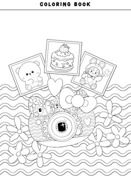 Cute Adult coloring page doodles, sketch coloring book for relaxing kids. Vector design. Photo camera, animals, candy, cake, flower, heart, kawaii, star, rainbow, love, bear