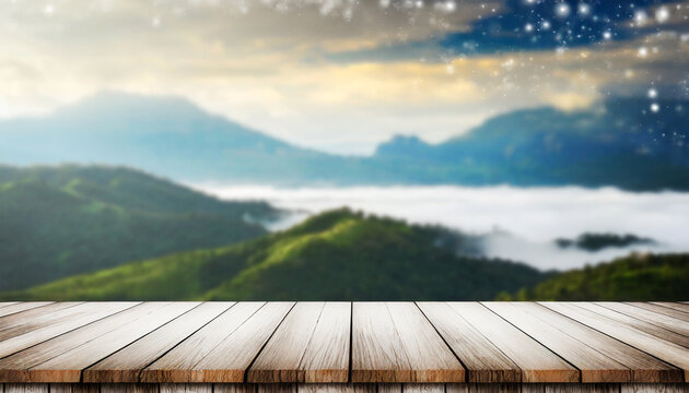 wooden terrace the blurred and christmas background wood white table top perspective in front of natural in the sky with light and mountain blur background image for product display generative ai