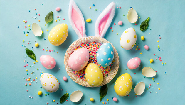 easter composition concept top view photo of yellow white blue pink eggs easter bunny ears and sprinkles on isolated pastel blue background with copyspace in the middle