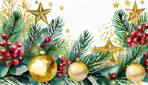 watercolor paint christmas ornaments card frame pine center and stars gold metallic elegant handmade painting bush