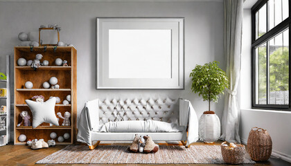 blank horizontal decorative art frame mock up nursery interior modern nursery interior background