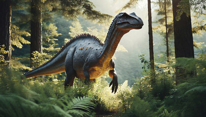 dinosaur in the woods 4k hd quality photo - obrazy, fototapety, plakaty