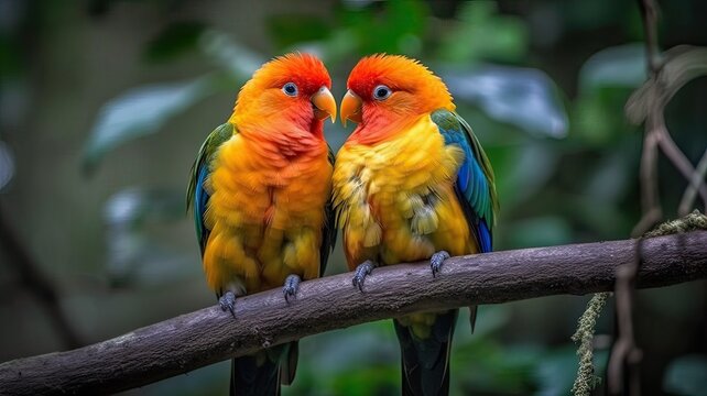 Picture of Two Sun Parakeets Celebrating Valentine's Day on a Branch
