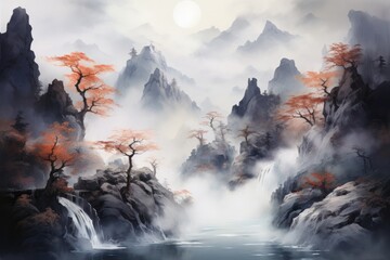 Watercolors of Japanese landscapes - obrazy, fototapety, plakaty