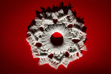 Creative macrame background. Macramé snowflake on the red background. Particular light, conceptual image.