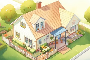 aerial view of a cape cod style home with a side gable roof on a sunny day, magazine style illustration