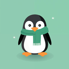 Pinguim fofo com cachecol verde isolado no fundo verde - Ilustração infantil simples 