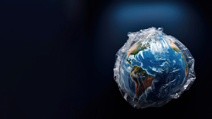 Fototapeta premium Plastic pollution concept. Earth globe wrapped up in plastic bag creative background with copy space for text