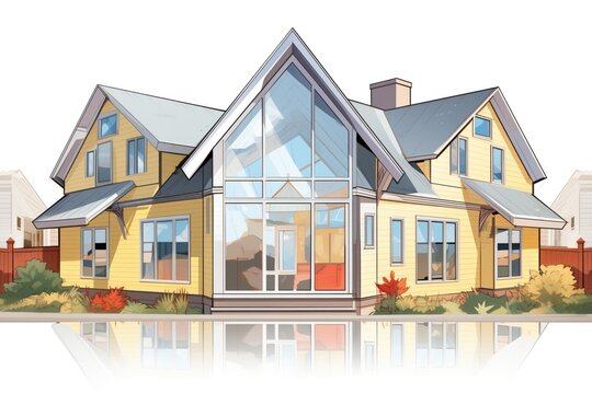 mirrored image of a cape cod house with a side gable roof, magazine style illustration