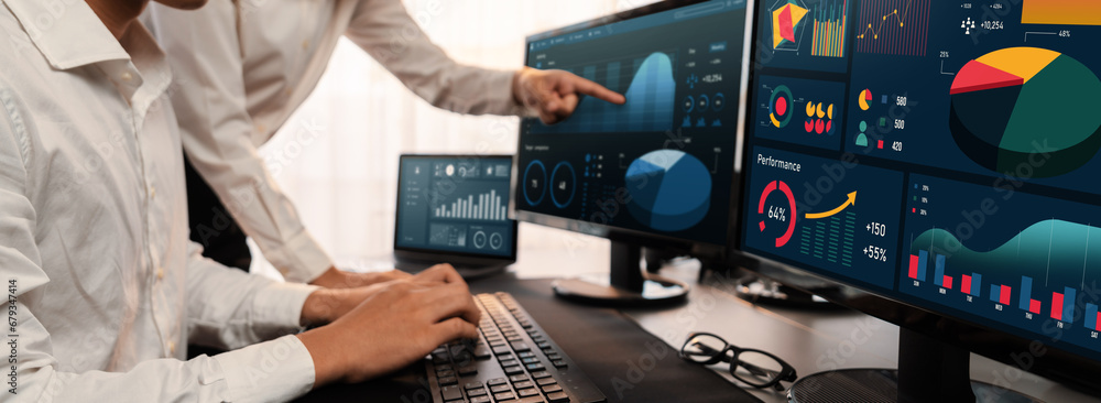 Poster analyst working on data analysis or bi dashboard on computer monitor. business team analyzing financ