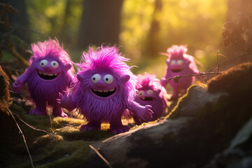 Trolls rosas e felizes na floresta - Ilustração infantil 3d  - obrazy, fototapety, plakaty