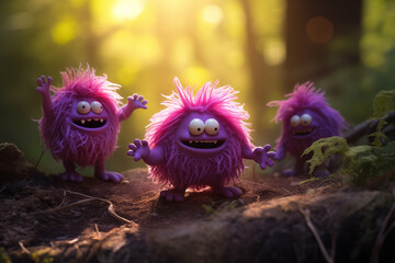 Trolls rosas e felizes na floresta - Ilustração infantil 3d 