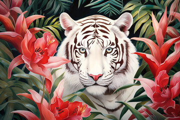 Tigre branco na floresta de plantas verdes e vermelhas - ilustração em aquarela  - obrazy, fototapety, plakaty
