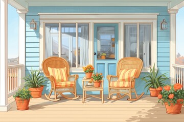 front porch with wicker chairs on a cape cod house, magazine style illustration