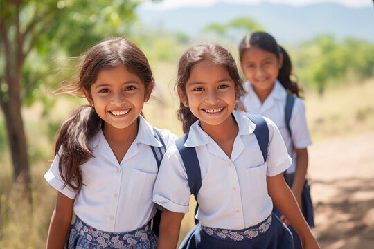 group of happy latin american kids in their way to the rural school. Countryside students