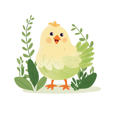 Filhote de galinha com plantas verdes isolado no fundo branco - Ilustração infantil fofa