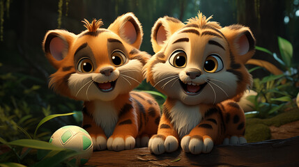 Dois filhotes de tigre brincando com uma bola na floresta - Ilustração infantil 3d 