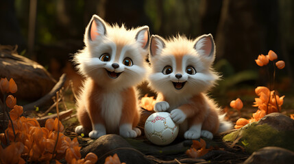 Dois filhotes de raposa branca brincando com bola na floresta - Ilustração infantil 3d  - obrazy, fototapety, plakaty