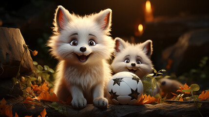 Dois filhotes de raposa branca brincando com bola na floresta - Ilustração infantil 3d  - obrazy, fototapety, plakaty
