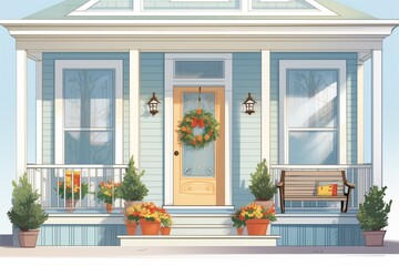 close-up of cape cod homes porch with decorative door wreath, magazine style illustration