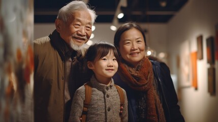 Happy Asian family strolling in the city during a winter Christmas market.