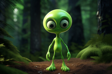 Alien verde assustado na floresta - Ilustração infantil 3d - obrazy, fototapety, plakaty