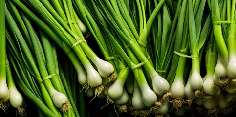 Fotobehang Fresh green spring onion vegetables, closeup macro detail from above. Generative AI © Lubo Ivanko