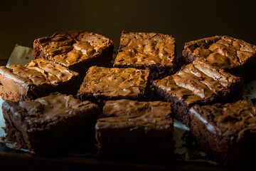 Detail of some delicious dark chocolate brownies straight out of the oven.