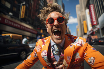 portrait of a man in a bright funny colored suit, city street, very emotional, happy, joy, expression, shouting and waving his arms, jumping