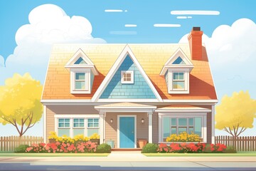 cape cod home with dormers and warm roof tiles, magazine style illustration