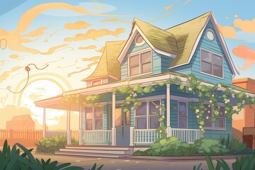 cape cod with dormers and wrapped vines against a spring sunset, magazine style illustration