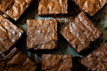 Detail of some delicious dark chocolate brownies straight out of the oven.