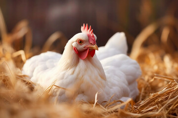 White chicken in the hay. Eco farm with chickens. Broiler chickens.