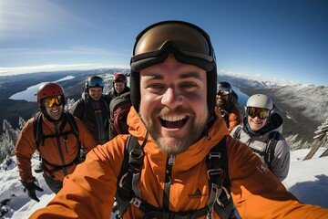 Group of happy snowboarders taking a selfie on mountain