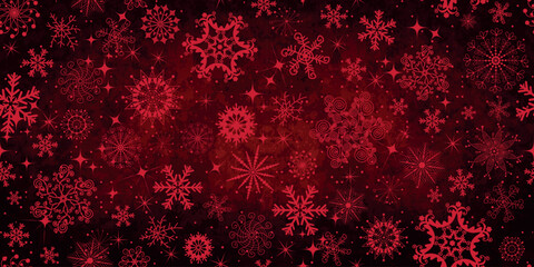 Vector dark red grunge Christmas pattern with snowflakes on a old paper background - obrazy, fototapety, plakaty