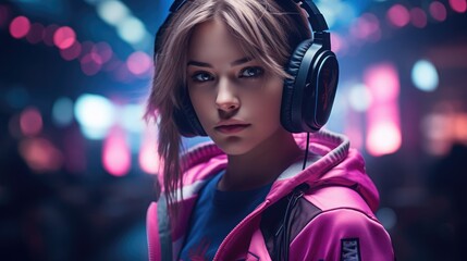 Photo teenage girl wearing a eSports jersey casual gamer fashion, competing in a gaming contest at a cyber sports tournament